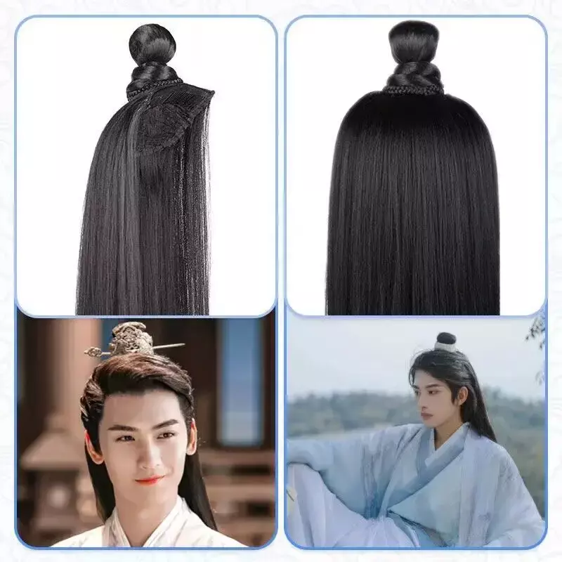 Pelucas de Cosplay Hanfu para hombres, accesorios de cabeza, peluca negra larga y recta, diadema, Anime antiguo chino