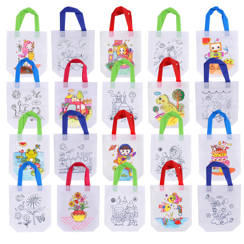 20pcs DIY Graffiti Bag with Coloring Markers Handmade Painting Non-Woven Bags for Children Arts Crafts Color Filling Drawing Toy