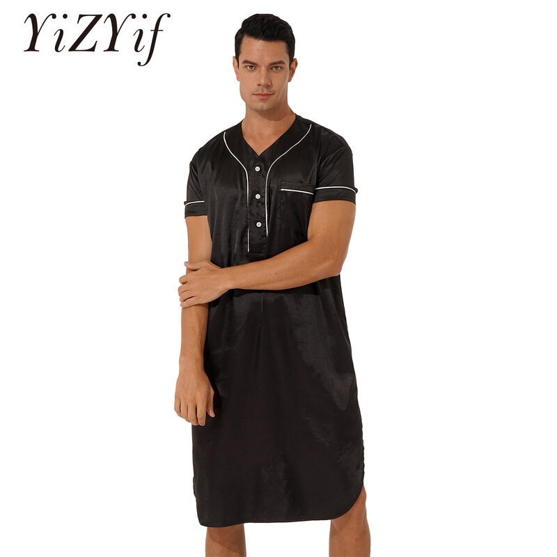 2022 Men Short Sleeve Sleep Robes Homewear V Neck Button Cozy Bathrobe Leisure Satin Nightshirt Mens Pajamas Nightgown Dress