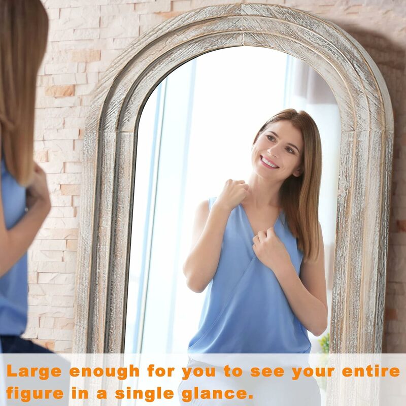 مرآة كبيرة كاملة الطول بتصميم مقوس ، إطار من الخشب الصلب ، مرآة حائط ريفية ، ديكور جدار غرفة النوم ، 65 بوصة × 22 بوصة