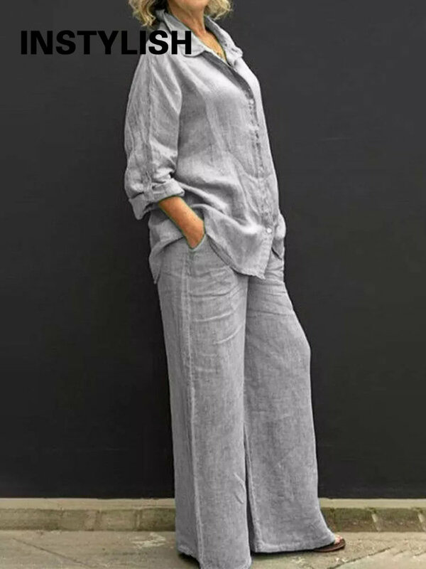 Lniane klapy dwuczęściowe zestaw jesienne Vintage jednolity kolor koszula z długim rękawem bluzki kobiety luźne proste spodnie garnitury