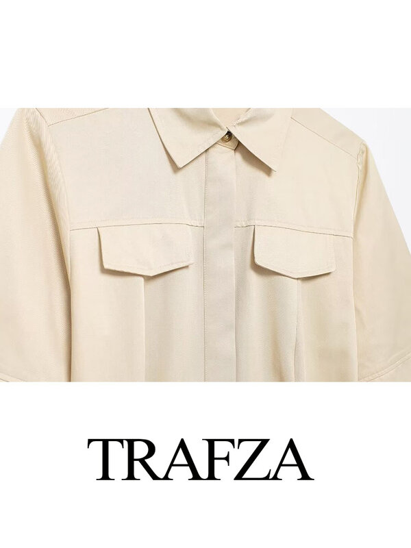 TRAFZA-Vestido camisero informal de manga corta para mujer, prenda elegante con solapa y cinturón, de un solo pecho, Color liso