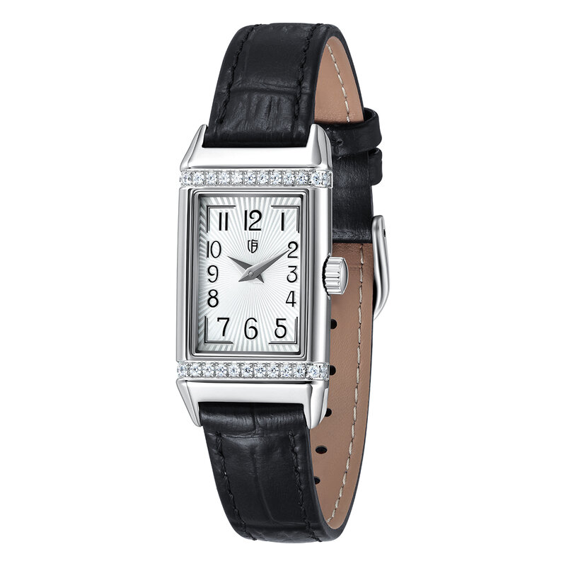 Reverso-Relógio retangular de aço inoxidável feminino, relógio de quartzo de luxo, pulseira de couro prateado, impermeável, clássico, um