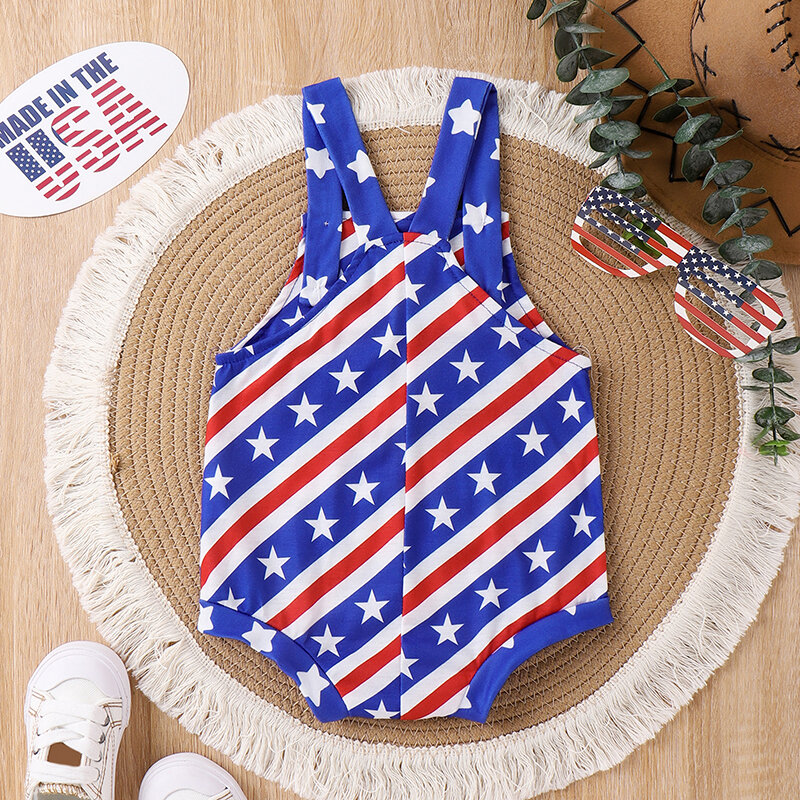 2024-04-19 lioraitein Baby 4th of July tuta senza maniche stelle e pagliaccetto con stampa a righe Toddler Summer Independence Day Outfit