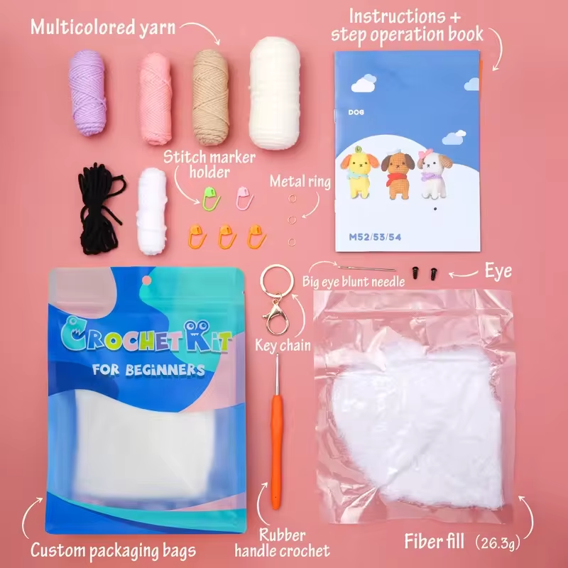 Cute Handmade Mini Plush Dog, Kit de crochê para iniciantes, Do-It-Yourself, Animal Knitting Toy, Atacado