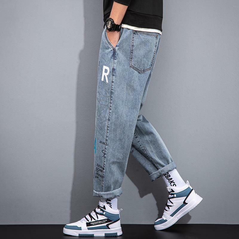 Streetwear Vintage กางเกงยีนส์ฤดูร้อนเกาหลีสไตล์กางเกงยีนส์ชายแบบสบายๆพิมพ์หลวมกางเกงยีนส์กลางเอวกางเกงยีนส์ขาตรงกางเกง