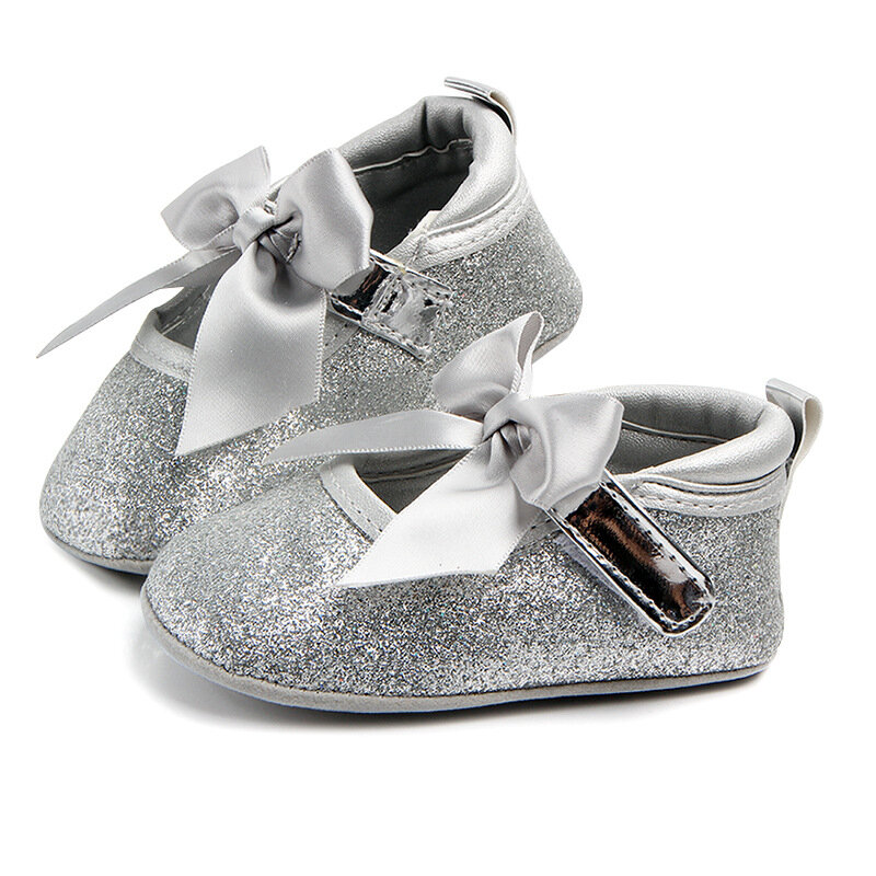 Zapatos de cuna para niñas, calzado de suela suave para recién nacidos, Mary Jane Flats, elegante, dorado, con lazo, artículos para bebés de 1 año