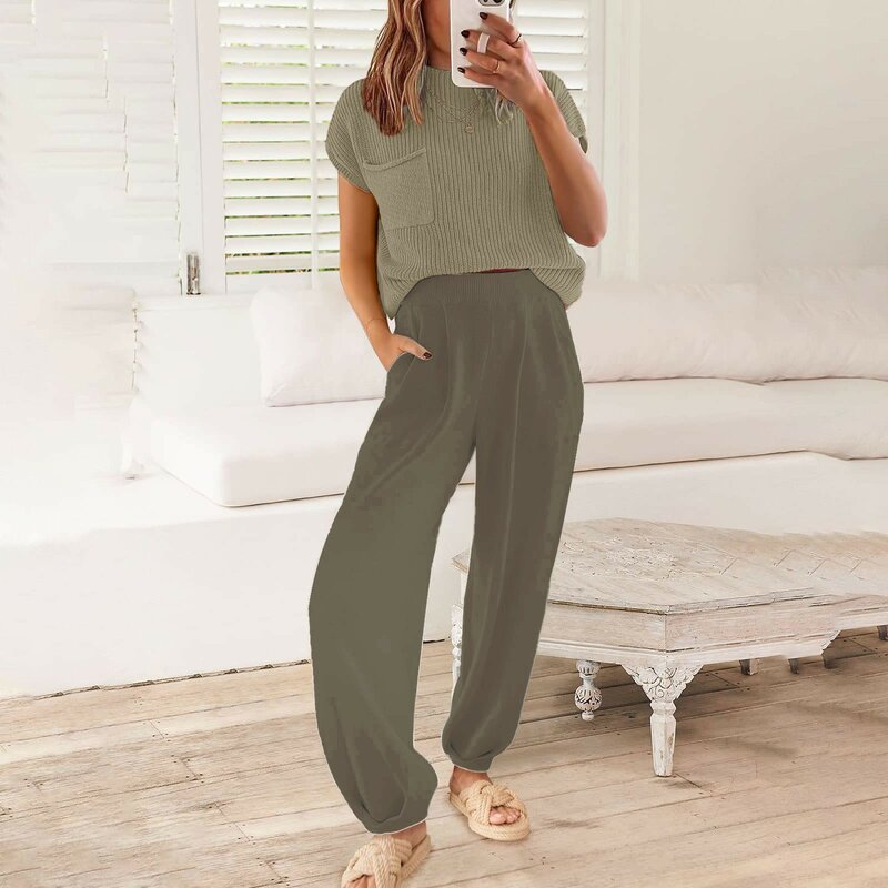 Women's Two Piece Outfits 2024 Sweater Sets Short Sleeve Crew Neck Knit T-shirt Pullover Tops and High Waisted Pants Lounge Sets