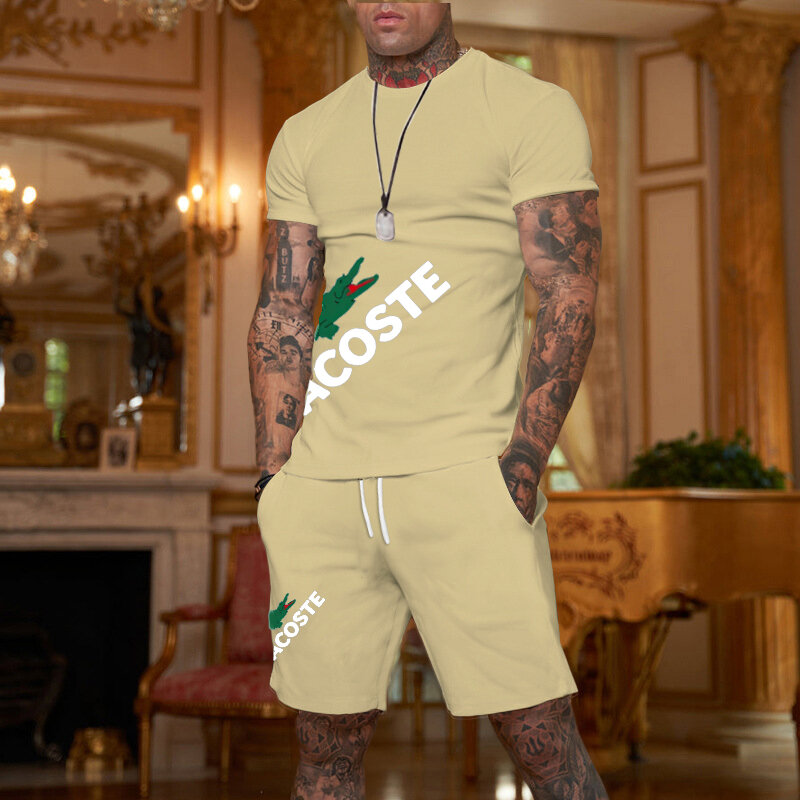 Summer T shirt Set For Men 3D Print Men's T-shirt Short Sleeve+Shorts 2-Piece Set Oversized Casual Beach Sport Man Suit