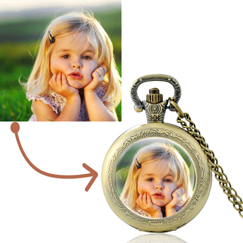 Personalize seu próprio design da marca logotipo/imagem de vidro cabochão relógio de bolso de quartzo do vintage masculino feminino pingente colar relógios presentes