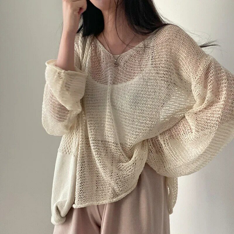 Vintage Casual Knit Sweater T-shirt Long Sleeve  2023 New Long Sleeve Sunscreen Pullover Loose Hollow Top Design