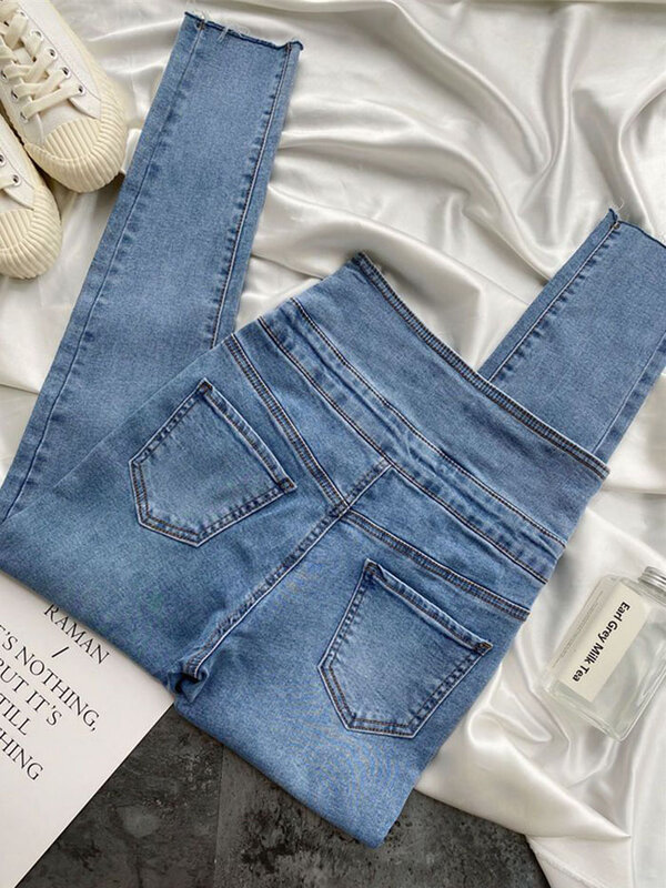 Jeans lápis de cintura alta com design chique feminino, calça jeans vintage com estiramento magro, streetwear casual coreano, comprimento do tornozelo