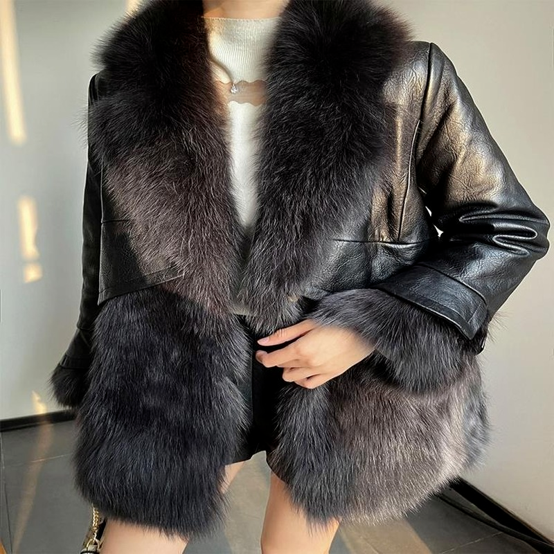 신제품 인조 여우털 스플라이싱 코트 여성용, 검은색, 얇은 울, 겨울, 2021