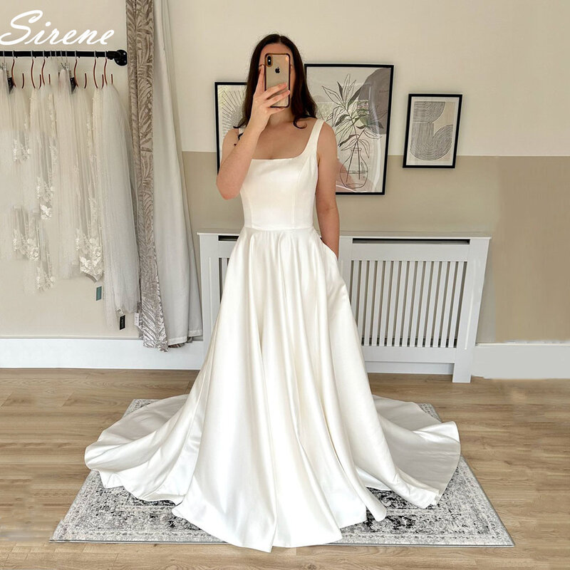 Sirene Square Collar Wedding Dress Detachable long Sleeves With Button Sleeveless Simple A-Line Backless Satin Bride Gown