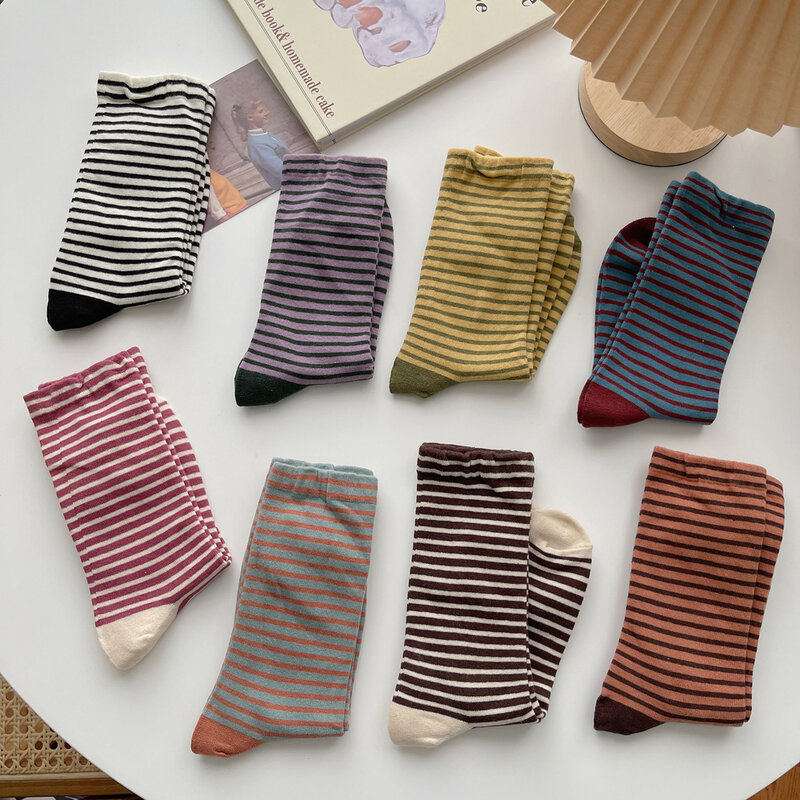 Retro Vớ Sọc Trẻ Em Nữ Ống Vừa Tất Mùa Xuân Và Mùa Thu Vớ Cotton Hàn Quốc Cổ Nhật Bản Socken