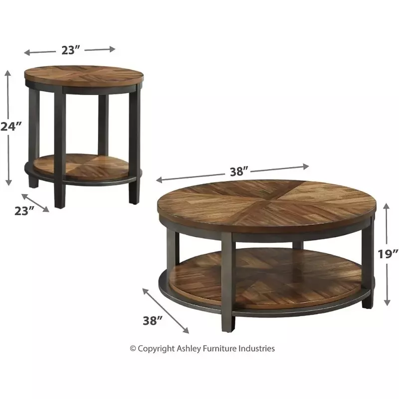 Roybeck Rustic Round 3-Piece Table Set, Includes 1 Coffee Table and 2 End Tables with Fixed Shelf, Light Brown