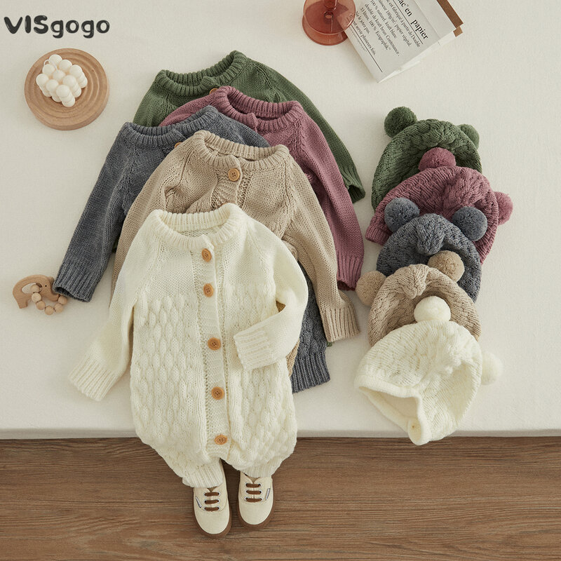 VISgogo-Mono de invierno para bebé, 2 piezas, ropa infantil de manga larga, Pelele de punto de Color sólido + conjunto de gorro de oso