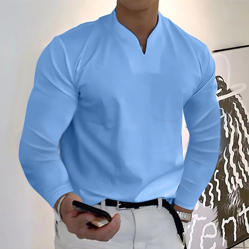 Männer Herbst V-Ausschnitt Langarm Hemden schlanken Kragen Büro Bluse Tops T-Shirt Business lässig elastische feste reine Baumwolle T-Shirts