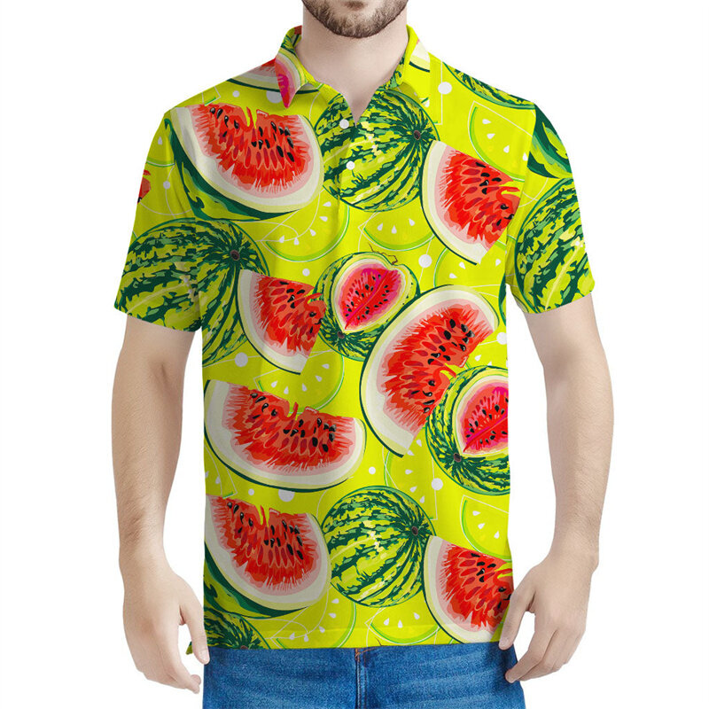 남녀공용 컬러풀 수박 패턴 폴로 셔츠, 하라주쿠 반팔 티, 하와이안 3D 프린트 과일 티셔츠, 여름