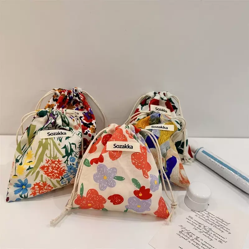 TOUB030 Cotton Fabric Floral Small Drawstring Bags Lipstick Toiletry Makeup Organizer Coin Pocket Bags Purse Keys