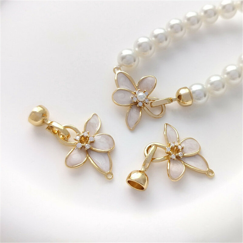 Pearl Clasp 14K Gold Inlaid Zircon Painting Oil Flower Connection Clasp DIY Closing Pendant Clasp Necklace Ornament Clasp B989