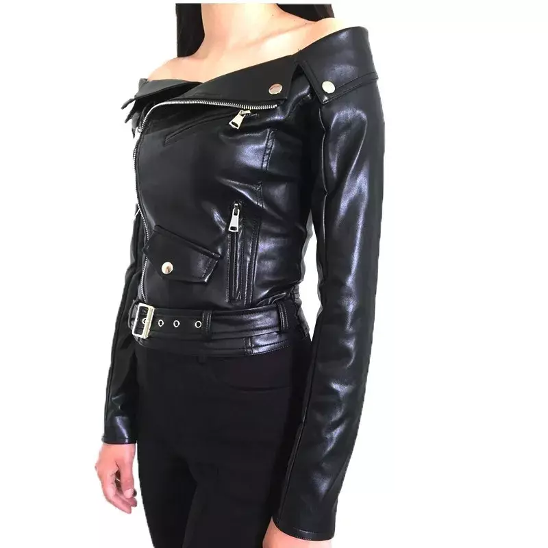 女性のための合成皮革の春のジャケット,非対称の裸の肩を持つ黒いオートバイのジャケット,z009,2022