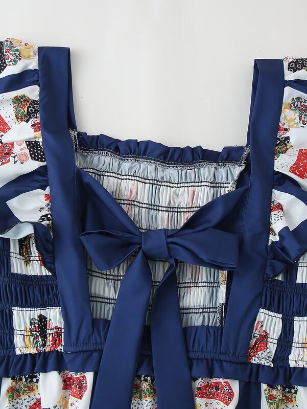Women's 2024 New Temperament Fashion Joker Bow Decorative Square Collar Print Dress Retro Sleeveless Women's Dress Mujer