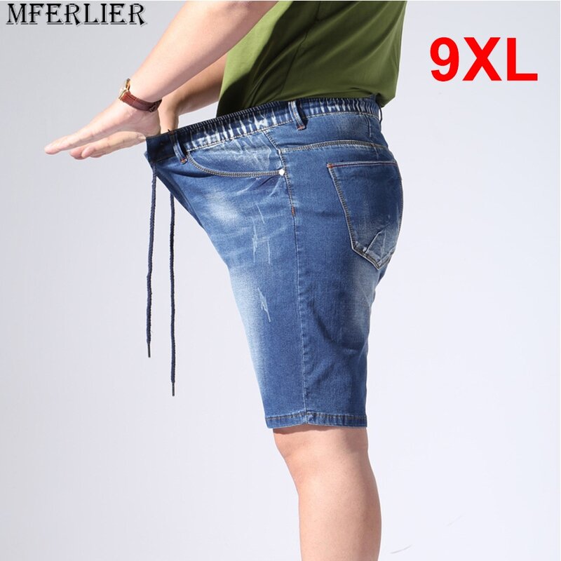 Calções jeans de cintura elástica para homens, calções largas, streetwear, calças curtas, moda masculina, jeans de verão, plus size, 9XL