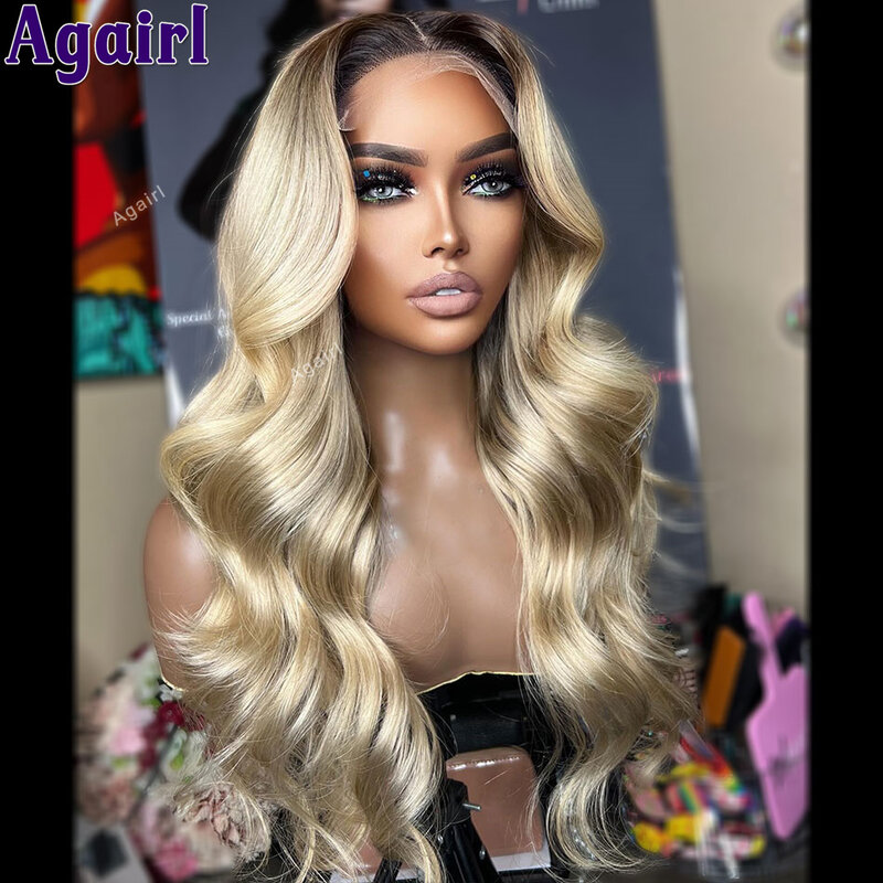 Dark Brown Roots Ash Blonde Body Wave Lace Front Wigs Human Hair 200% Density 13X6 13X4 Transparent Lace Frontal Wigs fort Women