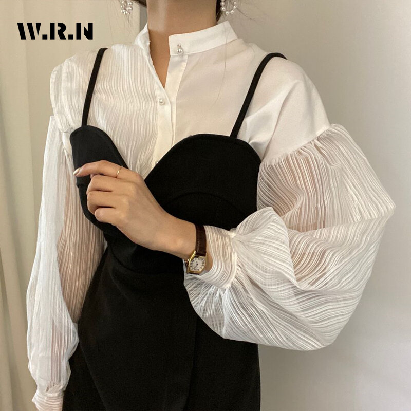 Koreanische Frauen Stehkragen weiße Patchwork Blusen 2024 Frühling lässig Stil einreihig locker sitzen schicke Langarm hemden