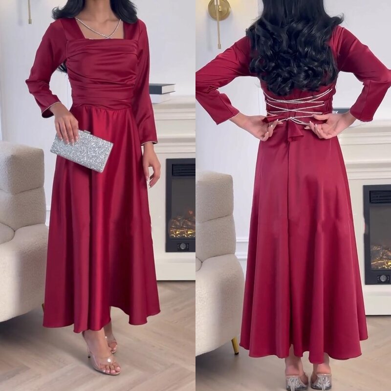 Prom Dress Saudi Arabia Satin Draped Pleat Engagement A-line Square Collar Bespoke Occasion Gown Long Sleeve Dresses