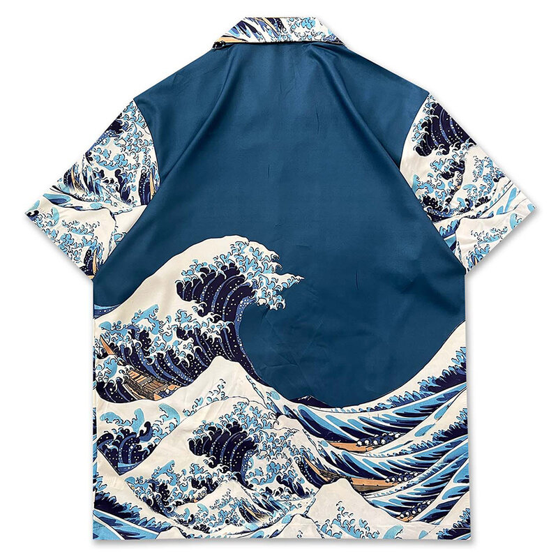 Рубашка Харадзюку оверсайз с принтом канагава и великолепными волнами в японском стиле Y2K, блузка в стиле хип-хоп с короткими рукавами и пуговицами, топы 2024