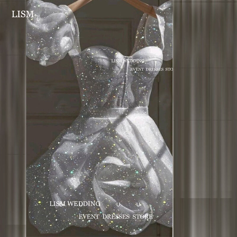 LISM-Vestido corto de tul blanco con purpurina para mujer, minivestido elegante con escote Corazón, mangas abullonadas, línea A, para fiesta, 2024