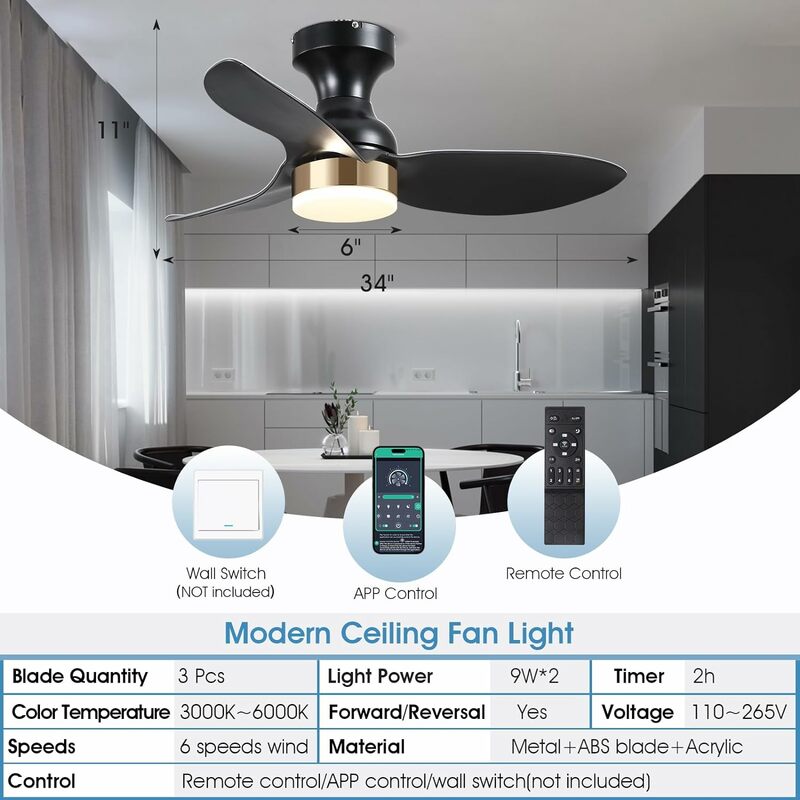 Low Profile Flush Mount Ceiling Fans with Lights and Remote&APP,34in Black Modern Ceiling Fans For Outdoor Patio,Small room