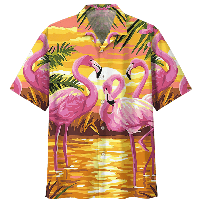 Гавайская рубашка для мужчин, винтажная уличная блузка на пуговицах, с 3D-принтом фламинго, птиц, с коротким рукавом, с лацканами, большие размеры