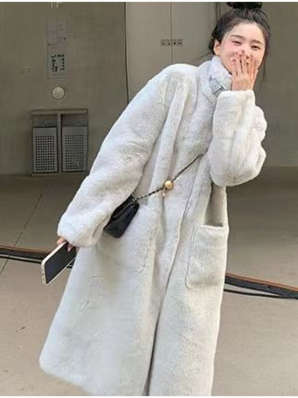Chic Fur Imitation Coat Women Winter Mid Length Loose And Slim Fur Environmental Protection Mink Fur Buckle Mink Warm Coat Trend