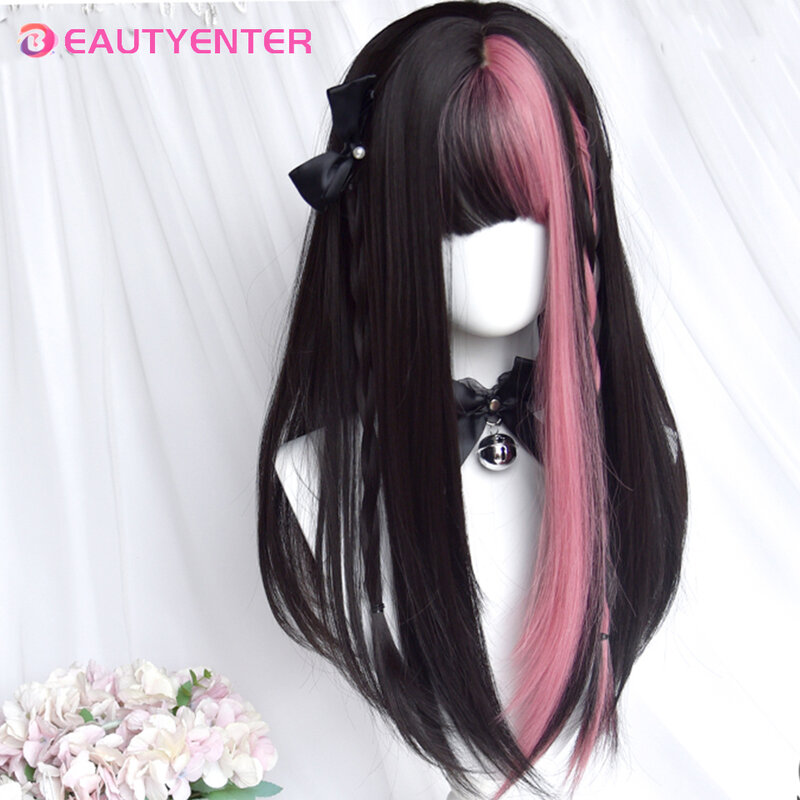 BEAUTYENTER Peluca de Cosplay de pelo Natural liso negro y rojo con flequillo, pelucas coloridas para fiesta de disfraces de Halloween para mujeres