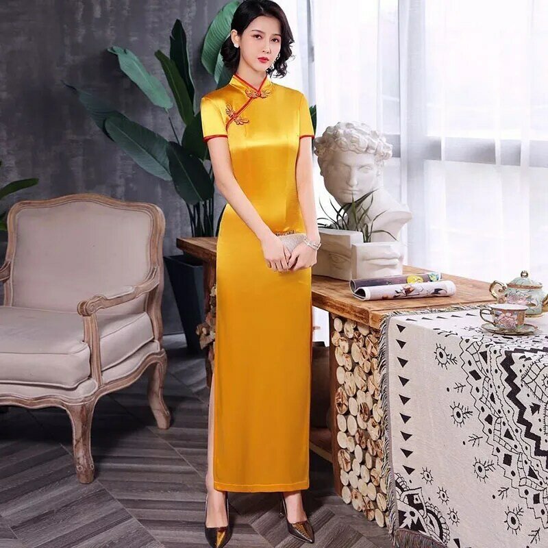 Phụ Nữ Sườn Xám Cải Tiến Mùa Hè Mới Retro Cô Gái Qipao Đầm Phong Cách Trung Slim Đỏ Áo Dài Trung Quốc Váy Cưới