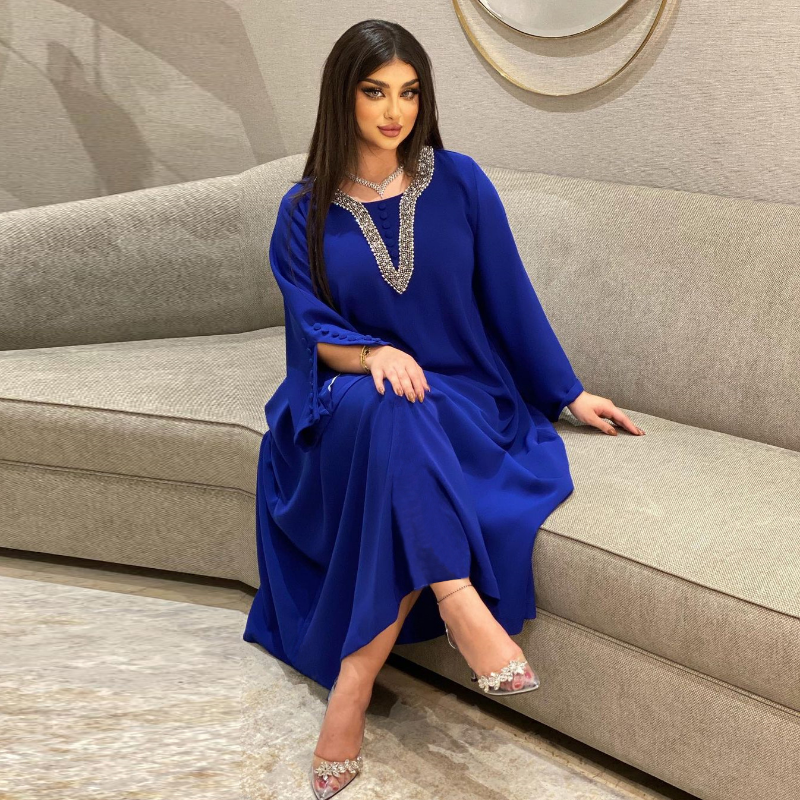 2023 Islam Abaya Kleid Sommer Hot Drill Abayas Frauen blau lose Mode Kleid, geeignet für europäische und amerikanische Frauen