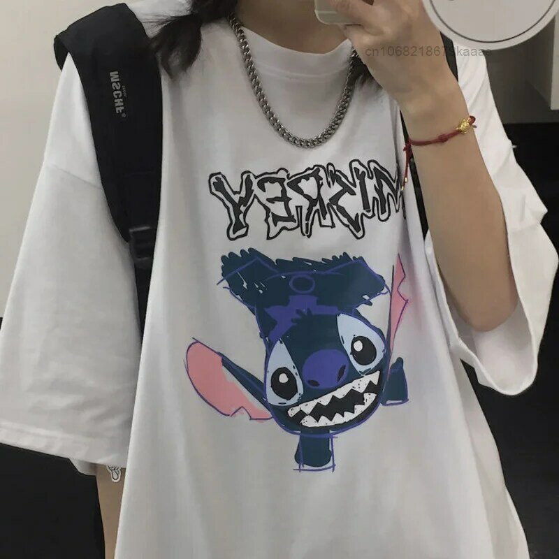Disney Cartoon Stitch Trend Clothes With Short Sleeve Harajuku Couple Design Tops Women Oversized T-shirts Men Summer Tee Shirts