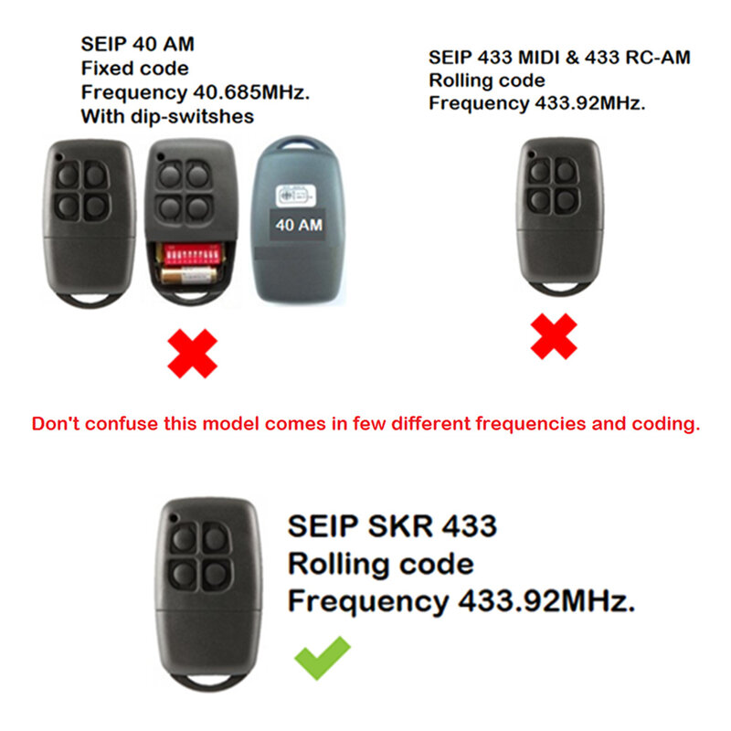 Controle remoto para portão de garagem, Rolling Code, compatível com SEIP, SKR433, SKR433-1, SKR433-3, 433.92MHz