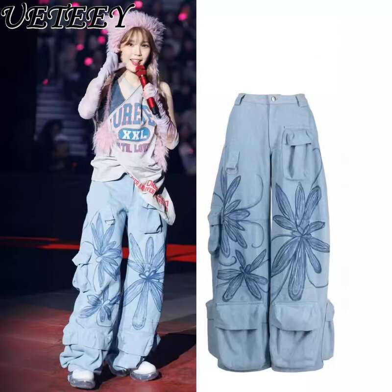 High Street Blue Printed Graffiti Multi-Pocket Cargo Pants Women Jeans Design High Waist Wide Leg Trousers Baggy Pants Hip Hop