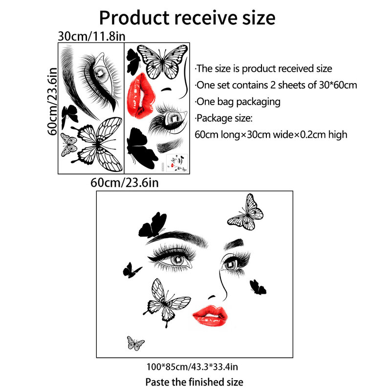 2pcs Women's Red Lips Eyes Butterfly Cartoon Wall Stickers Background Wall Living Room Bedroom  Decoration Mural Wall Stickers