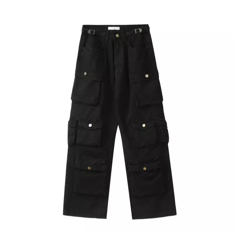Retro carga baggy jeans feminino high street sólido multi bolso calças de perna larga cintura alta calças jeans goth streetwear casais y2k