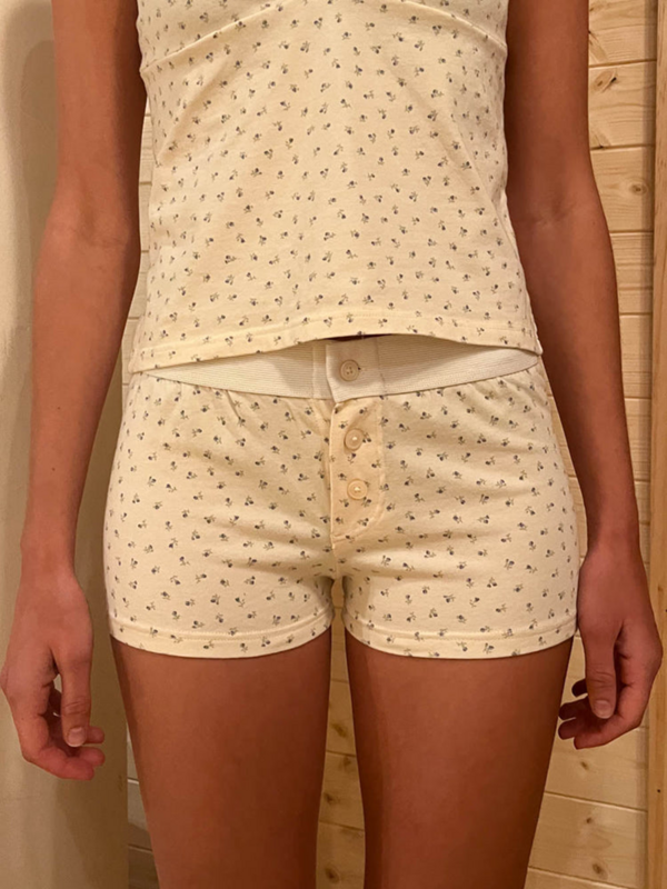 Celana pendek rumah motif bunga ungu celana pendek pendek pendek lurus pinggang elastis perca pakaian celana katun imut kasual wanita musim panas