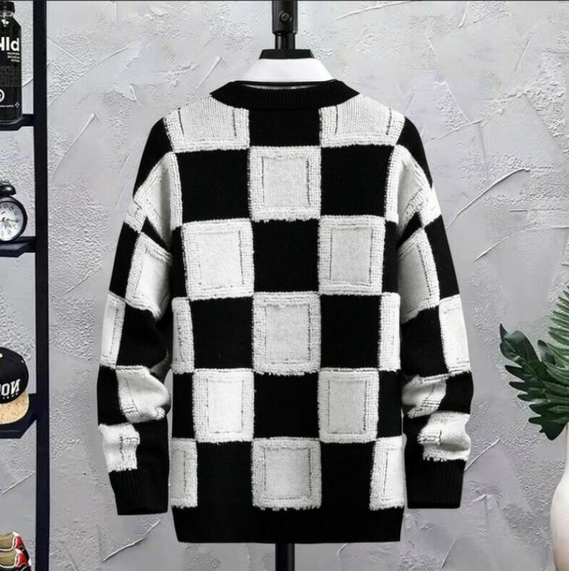 New Fall Winter Korean Style Mens Pullovers Sweaters High Quality Thick Warm Cashmere Sweater Men Luxury Plaid Pull Sweaters