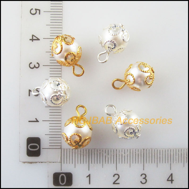 Breloques rondes en acrylique plaqué or et argent, perles blanches, fleur, 10mm, 25 pièces