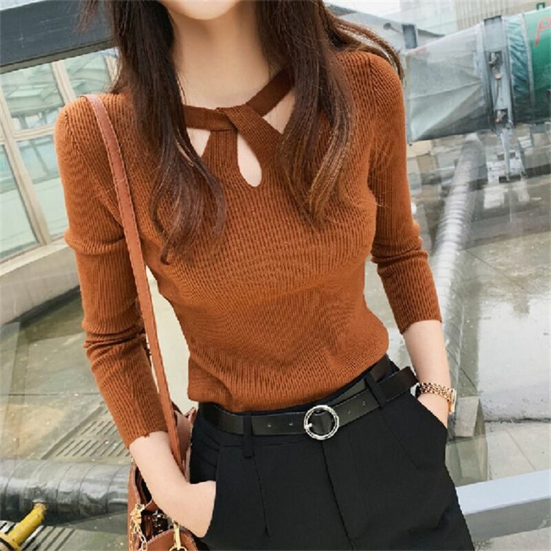 Y2K женский эластичный пикантный пуловер, мягкая теплая Облегающая рубашка, удобный трикотажный джемпер с круглым вырезом и длинным рукавом на осень