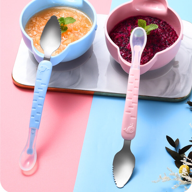 Baby Double Head Silicone Stainless Steel Children Utensil Toddler Infant Food Eating Fruit Scraping Mud Spoon Feeding Tableware