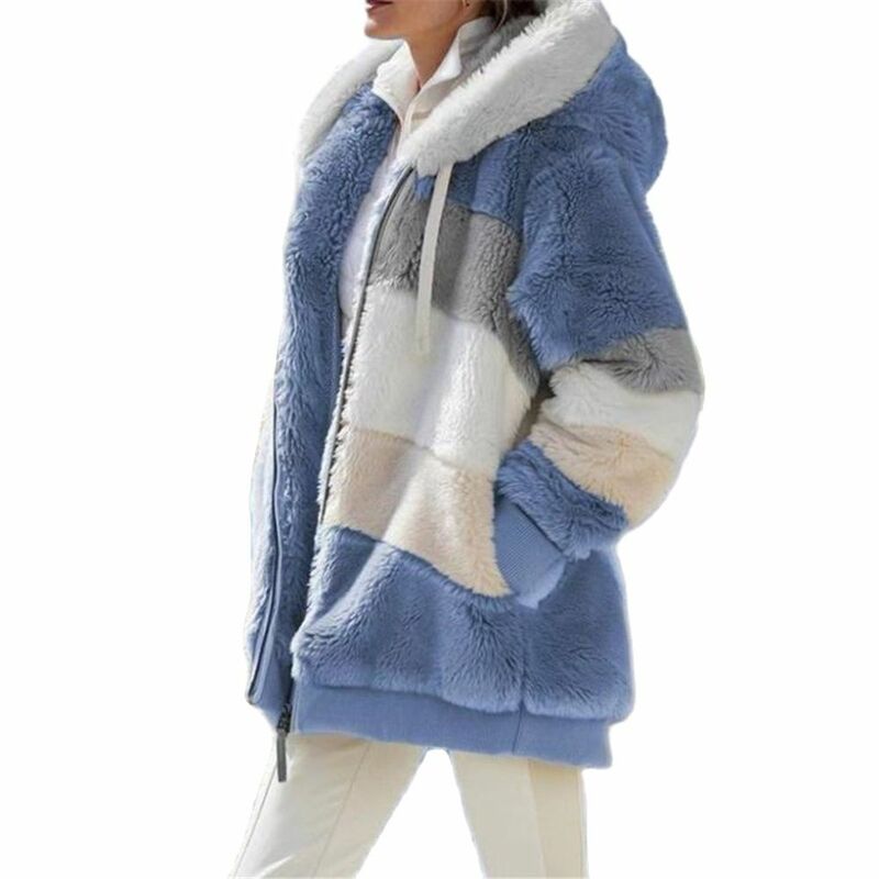 Kurtka damska z kapturem płaszcz zimowy z polaru ciepły zamek błyskawiczny patchworkowy w stylu Casual luźne szwy ze sztucznego Parka futrzana ubrania w kratkę damska odzież wierzchnia
